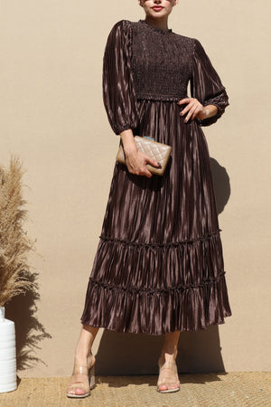 DD7754, PLEATED SMOCK TOP WOVEN MIDI DRESS