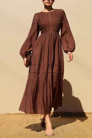 DD7703, LACE TOP WOVEN MIDI DRESS