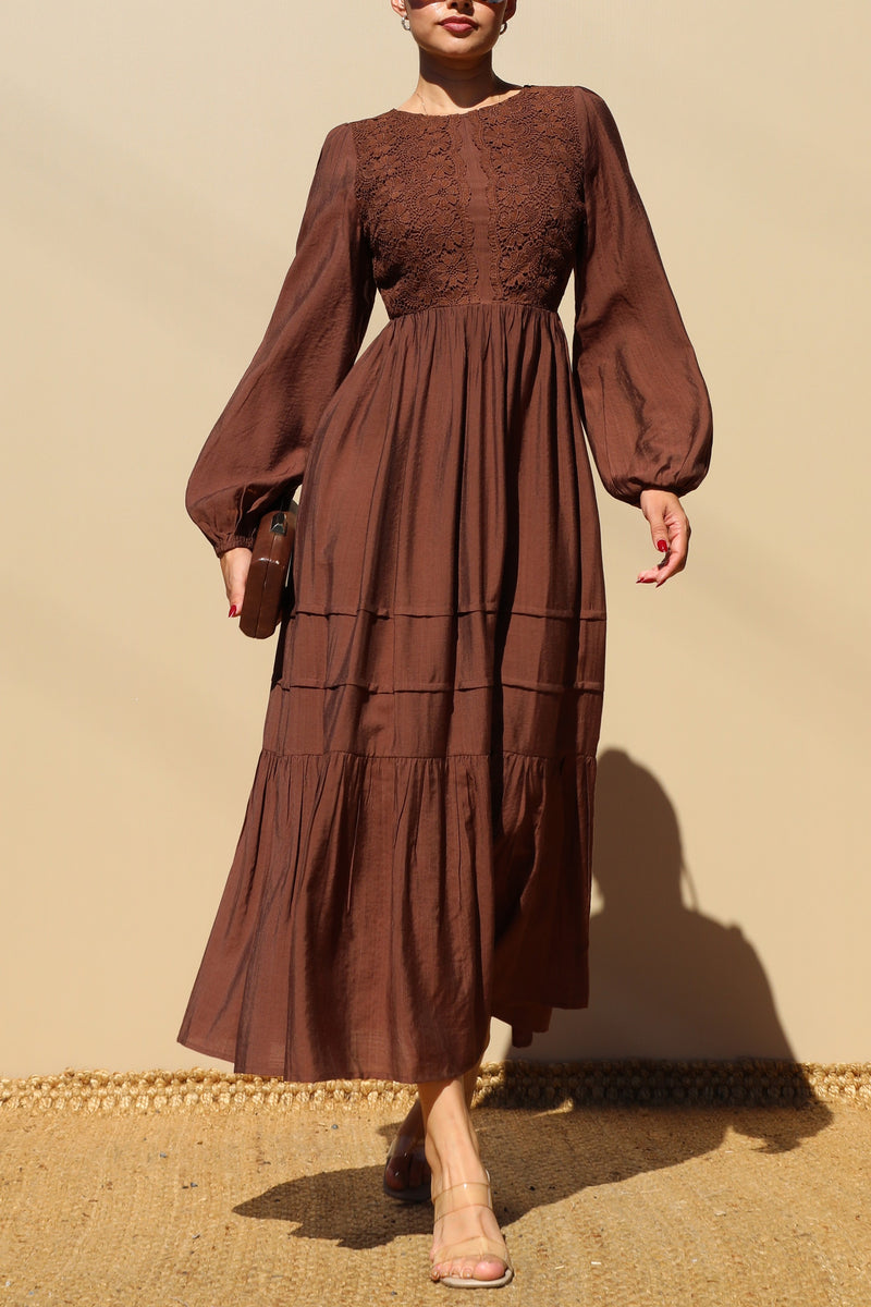 DD7703, LACE TOP WOVEN MIDI DRESS