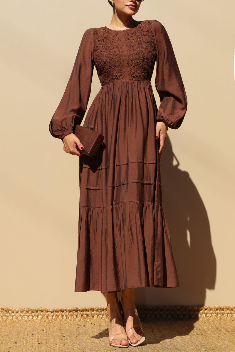 DD7703, LACE TOP WOVEN MIDI DRESS