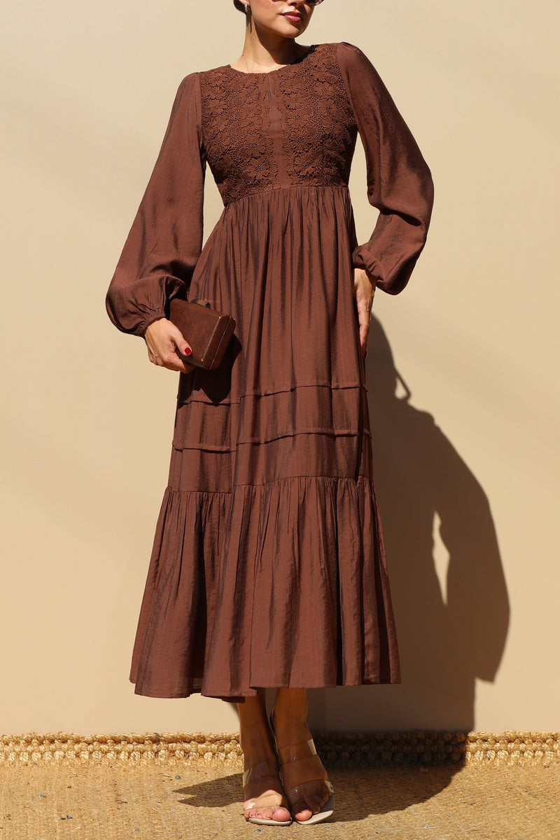 DD7703, LACE TOP WOVEN MIDI DRESS