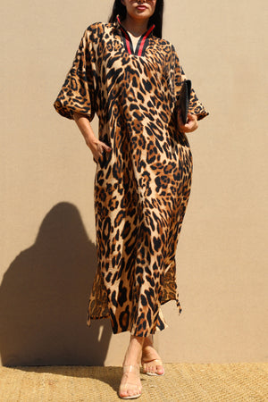 DD7706, LEOPARD LOOSE FIT WOVEN SHIRT DRESS