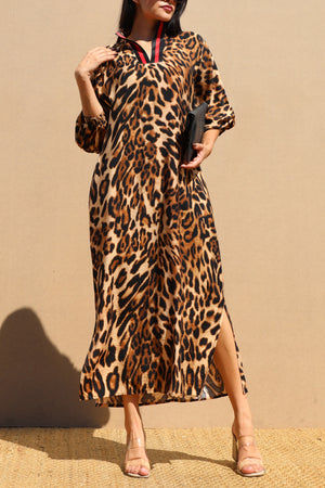 DD7706, LEOPARD LOOSE FIT WOVEN SHIRT DRESS