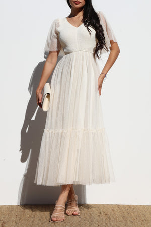 DD4650, SMOCKED TOP MESH RUFFLED MIDI DRESS