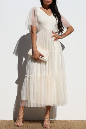 DD4650, SMOCKED TOP MESH RUFFLED MIDI DRESS