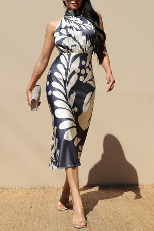 DD7751, PRINTED MOCK NECK SATIN MIDI DRESS