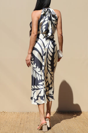 DD7751, PRINTED MOCK NECK SATIN MIDI DRESS