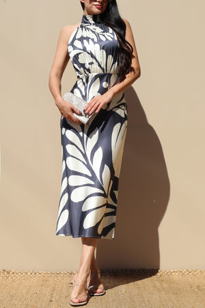 DD7751, PRINTED MOCK NECK SATIN MIDI DRESS
