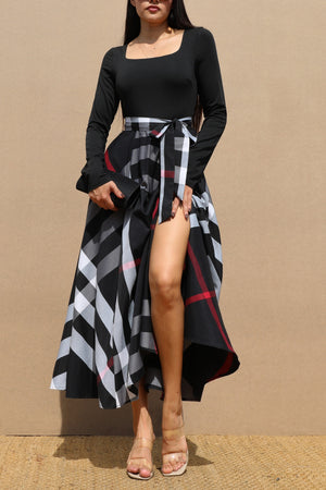 DD7690, FLANNEL SQUARE NECK KNIT MIDI DRESS