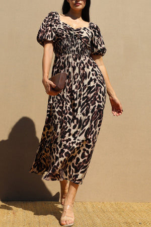 DD7734, Leopard Bubble Sleeve Midi Dress