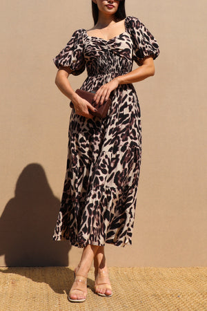 DD7734, Leopard Bubble Sleeve Midi Dress