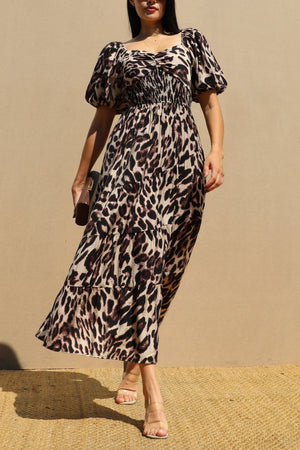 DD7734, Leopard Bubble Sleeve Midi Dress