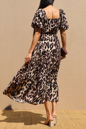 DD7734, Leopard Bubble Sleeve Midi Dress