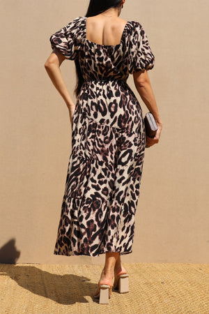 DD7734, Leopard Bubble Sleeve Midi Dress