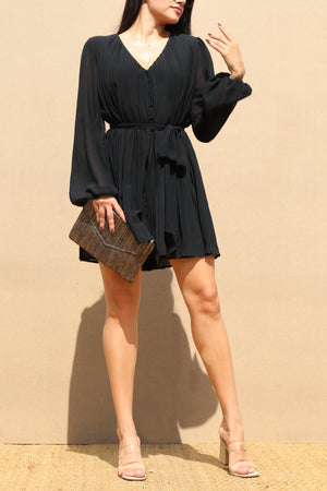DD4796, PLEATED V NECK WOVEN ROMPER