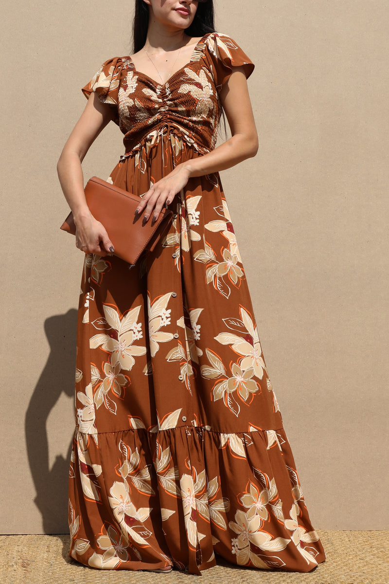 DD7060, SMOCKED TOP WOVEN MAXI DRESS