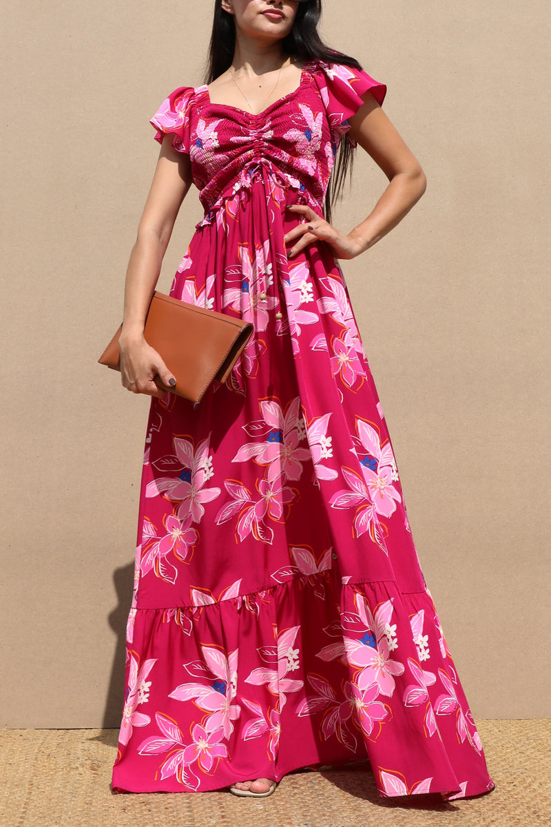 DD7060, SMOCKED TOP WOVEN MAXI DRESS