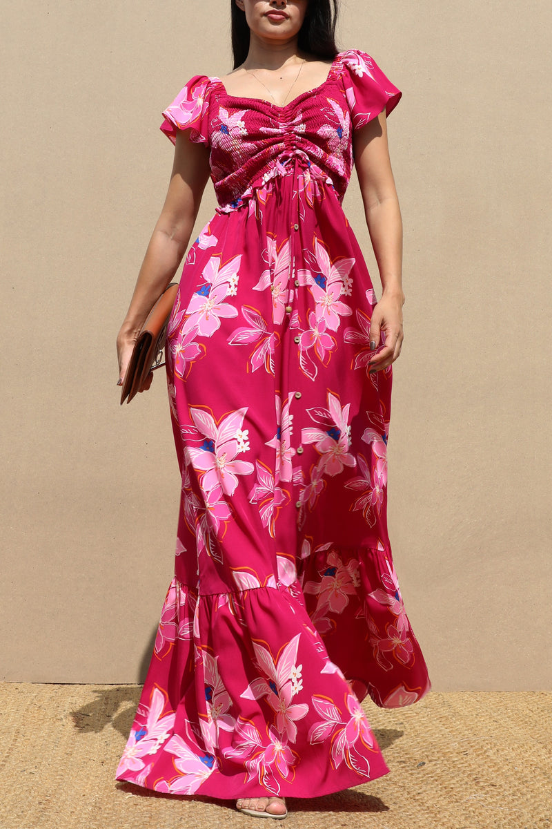 DD7060, SMOCKED TOP WOVEN MAXI DRESS