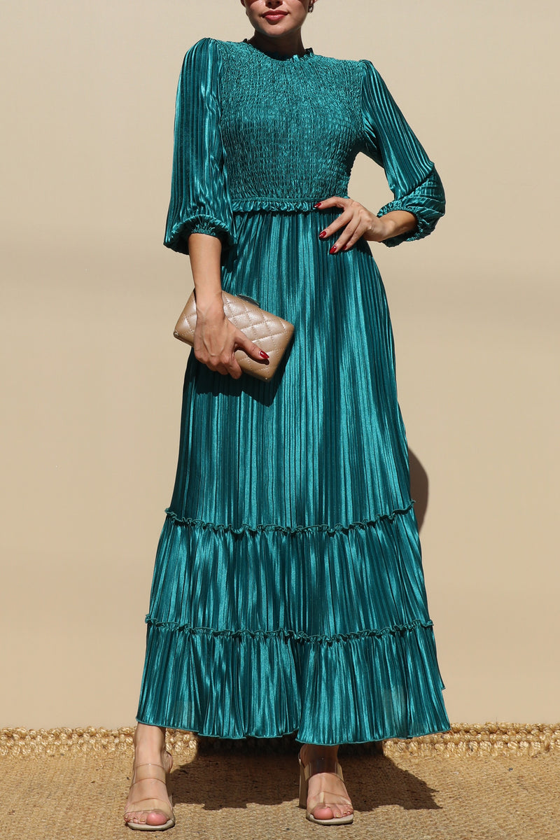 DD7754, PLEATED SMOCK TOP WOVEN MIDI DRESS