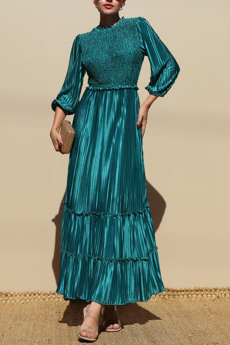 DD7754, PLEATED SMOCK TOP WOVEN MIDI DRESS