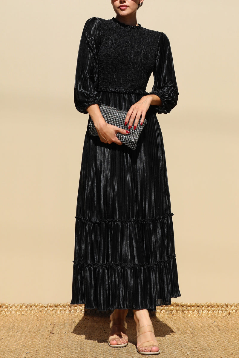 DD7754, PLEATED SMOCK TOP WOVEN MIDI DRESS