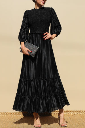 DD7754, PLEATED SMOCK TOP WOVEN MIDI DRESS