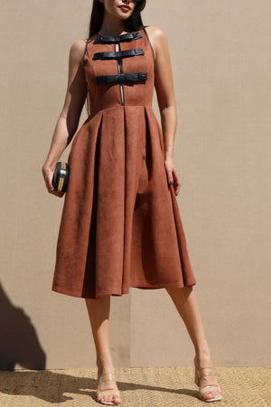 DD7726, SUEDE BOW DETAIL KNEE-LENGTH DRESS