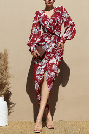 DD4104, PRINTED V NECK WOVEN MIDI DRESS