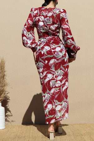 DD4104, PRINTED V NECK WOVEN MIDI DRESS