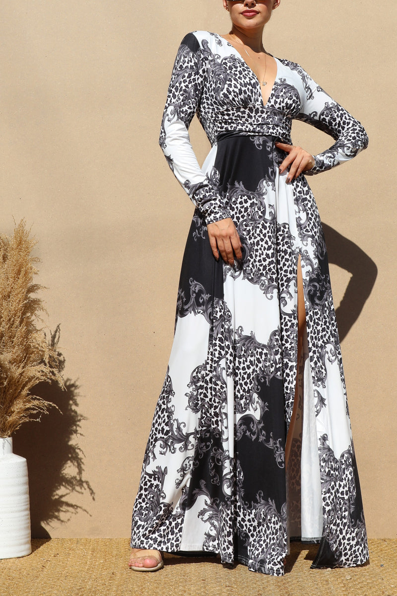 DD1957, PRINTED V NECK KNIT MAXI DRESS
