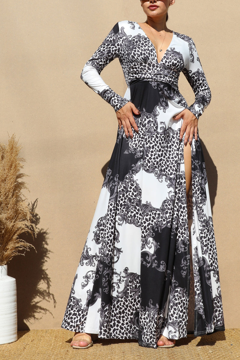 DD1957, PRINTED V NECK KNIT MAXI DRESS