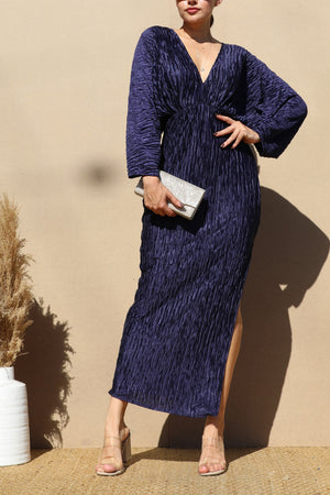 DD4731, PLEATED V NECK SATIN MAXI DRESS