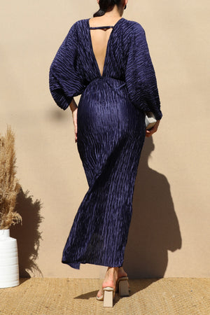 DD4731, PLEATED V NECK SATIN MAXI DRESS