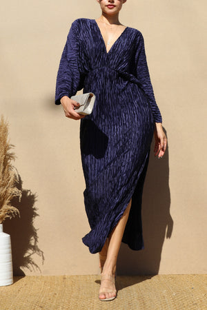 DD4731, PLEATED V NECK SATIN MAXI DRESS