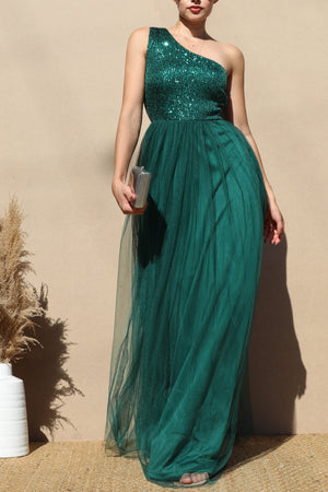 DD4797, SEQUIN ONE SHOULDER MESH MAXI DRESS