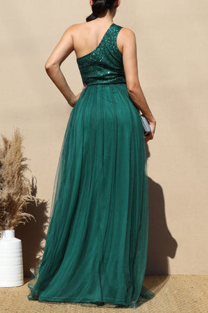 DD4797, SEQUIN ONE SHOULDER MESH MAXI DRESS