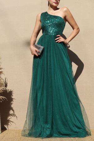 DD4797, SEQUIN ONE SHOULDER MESH MAXI DRESS