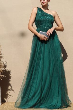 DD4797, SEQUIN ONE SHOULDER MESH MAXI DRESS