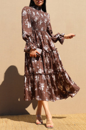 DD7743, PRINTED SMOCK TOP WOVEN MIDI DRESS