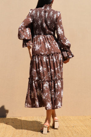 DD7743, PRINTED SMOCK TOP WOVEN MIDI DRESS