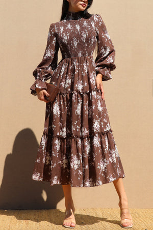DD7743, PRINTED SMOCK TOP WOVEN MIDI DRESS