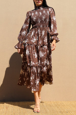 DD7743, PRINTED SMOCK TOP WOVEN MIDI DRESS
