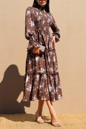 DD7743, PRINTED SMOCK TOP WOVEN MIDI DRESS