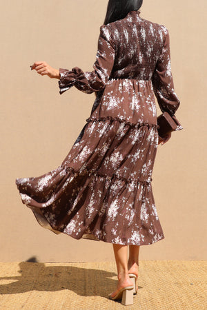 DD7743, PRINTED SMOCK TOP WOVEN MIDI DRESS