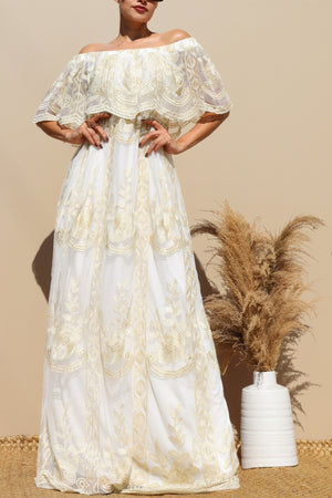 DD3249, OFF SHOULDER GOLD LACE MAXI DRESS