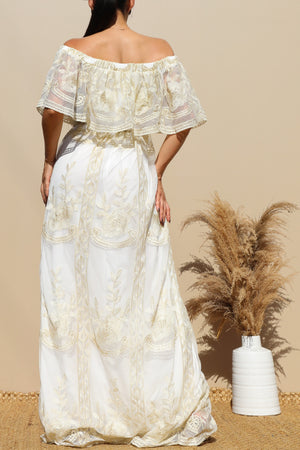 DD3249, OFF SHOULDER GOLD LACE MAXI DRESS