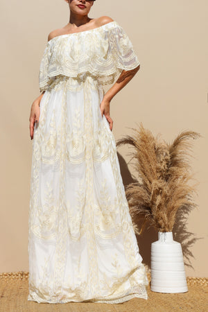 DD3249, OFF SHOULDER GOLD LACE MAXI DRESS