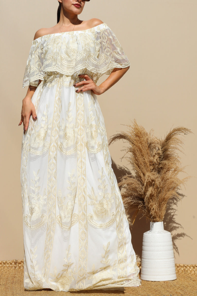 DD3249, OFF SHOULDER GOLD LACE MAXI DRESS