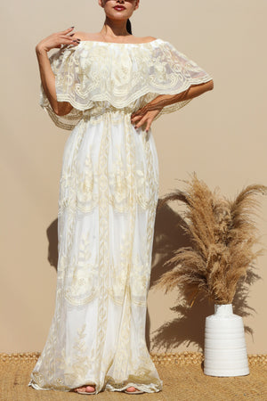 DD3249, OFF SHOULDER GOLD LACE MAXI DRESS