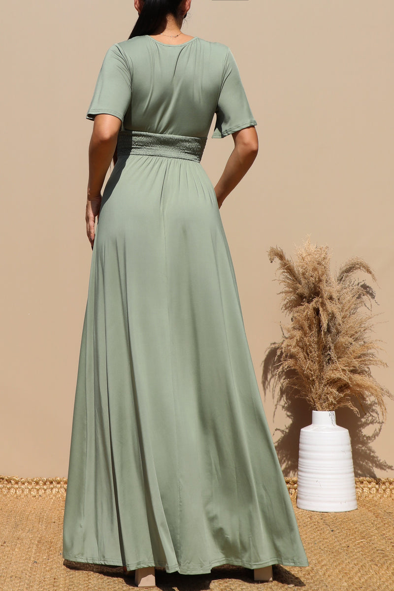 DD3528, V NECK VENETIAN MAXI DRESS